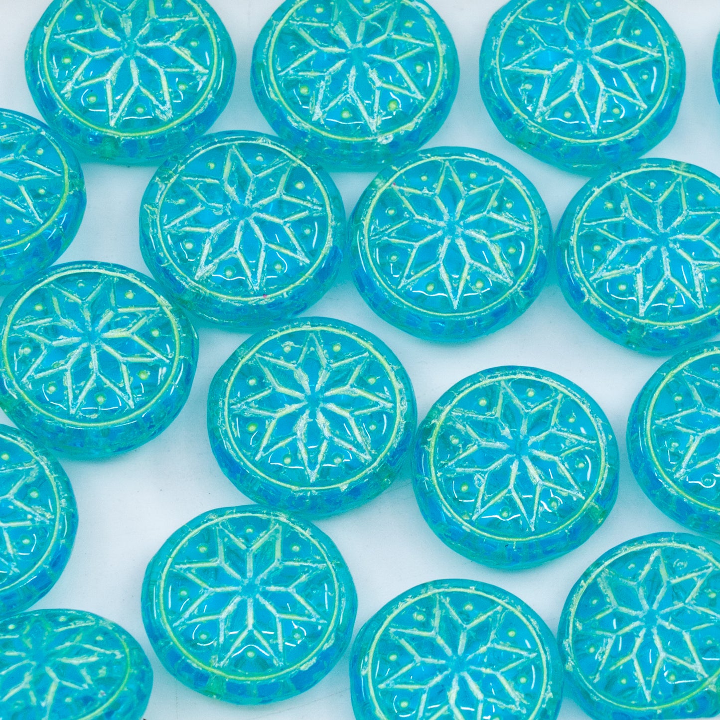 OUTLET 250g/50g Ressed Round Beads With Star Ornament, 13 x 13 mm, Transparent Aqua Green Lined (60010-54322), Glass, Czech Republic
