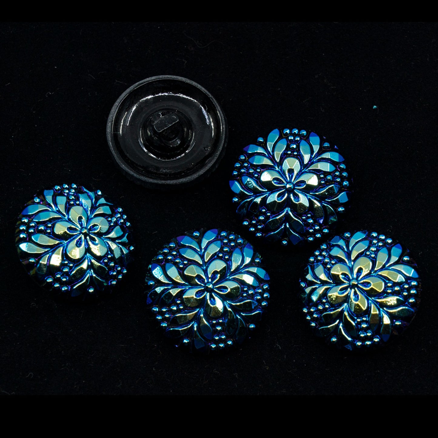 OUTLET 1pc Czech Glass Handmade Button, Size 12 (27 mm), Floral Design - Black AB Flower