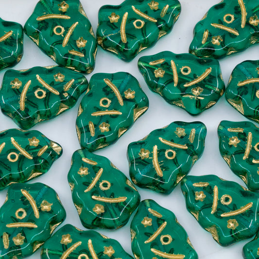 OUTLET 250g/50g Christmas Tree Beads, 17 x 12 mm, Transparent Green Emerald Gold Lined (50720-54302), Glass, Czech Republic