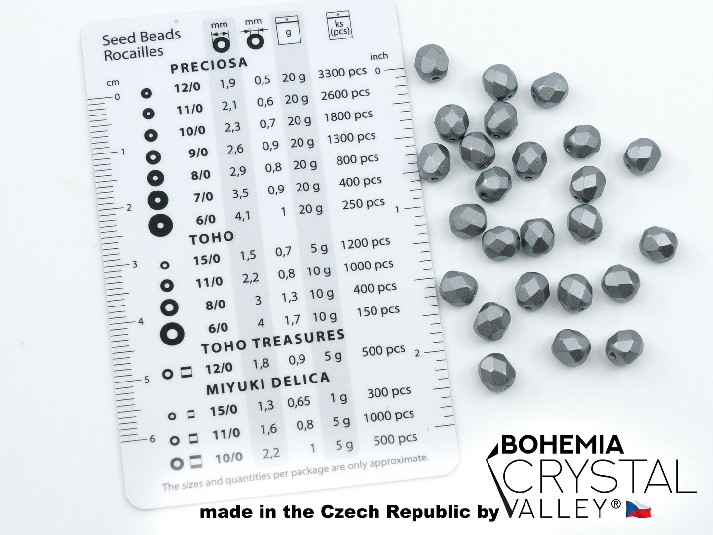 Facted Fire Polish Round Beads Pastel Silver Gray (25028), Glass, Czech Republic