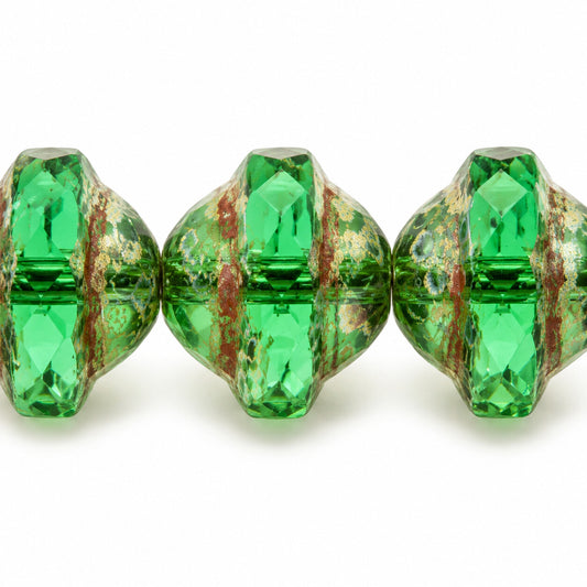 Faceted Special Cut Beads Ufo, Transparent Green Emerald Stain Strong (50650-86805), Glass, Czech Republic