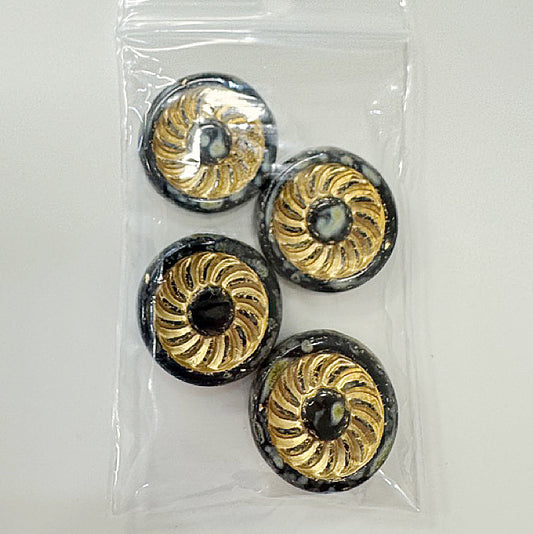OUTLET 10 Gramm einfache Sonnenmünze, flache, runde gepresste Perlen, mit schwarzem Travertin und Gold ausgekleidet (23980-86800-54202), Glas, Tschechische Republik
