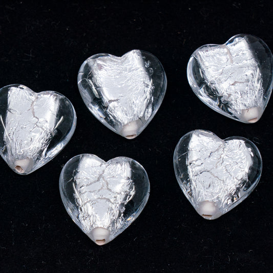 OUTLET 1 pcs Lampwork Handmade Heart Beads, 15 x 15 mm, Crystal Silver (crystal-silver), Glass, Czech Republic
