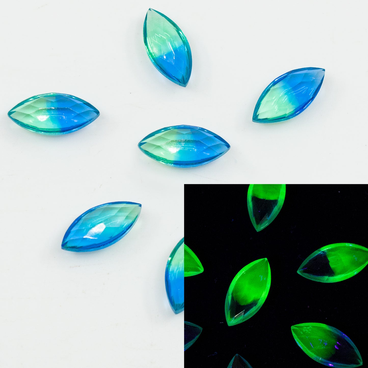 Navette Cabochons 尖底水晶玻璃石，双色绿蓝 (bi-2)，捷克共和国