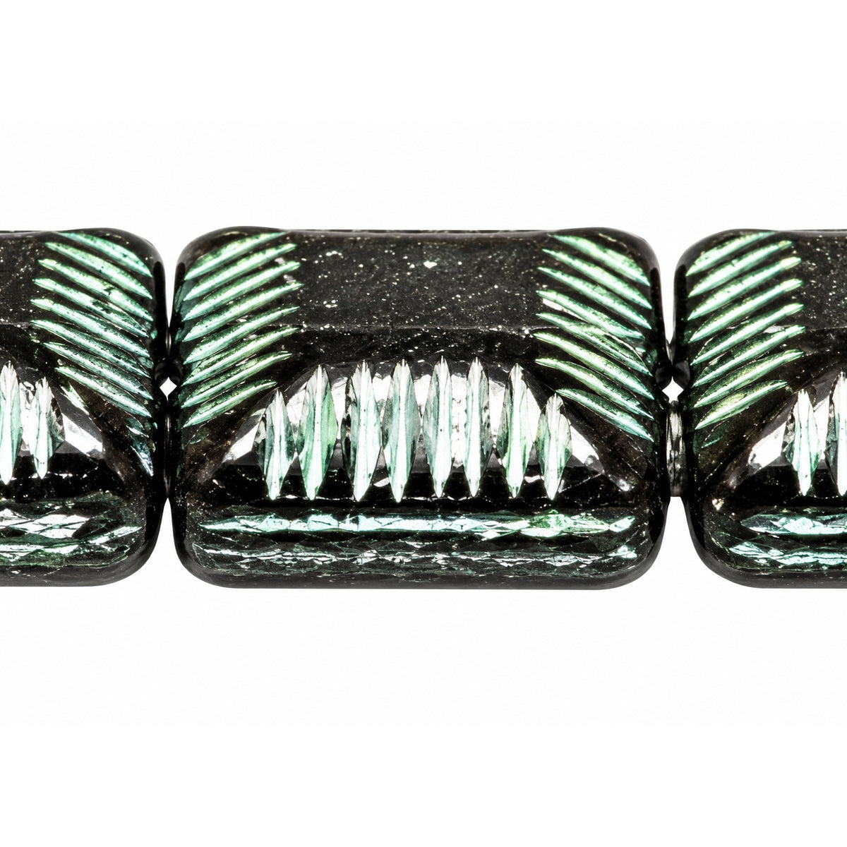 Ribbed Pillow Beads, Black Green Lined (23980-54322), Glass, Czech Republic