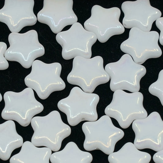 OUTLET 250g/50g Flat Star Beads, 12 x 12 mm, White Opal Ab Full (2X Side) (02020-28703), Glass, Czech Republic