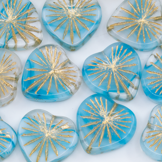 OUTLET 250g/50g Kiwi Heart Beads, 18 x 18 mm, Light Blue White Delay Gold Lined (65016-54302), Glass, Czech Republic