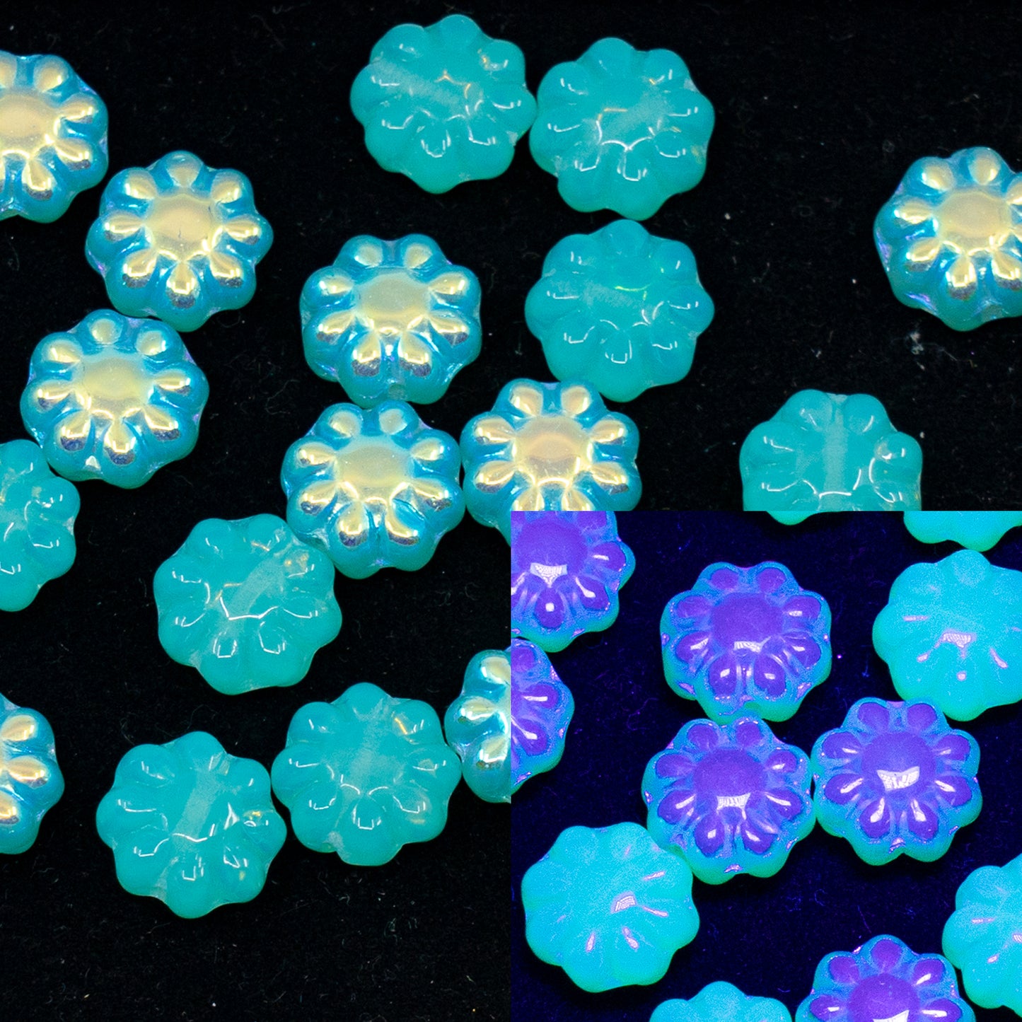 OUTLET 10 grams Small Flower Pressed Beads, 9 x 9 mm, Opal Aqua Ab (61100-28701), Glass, Czech Republic