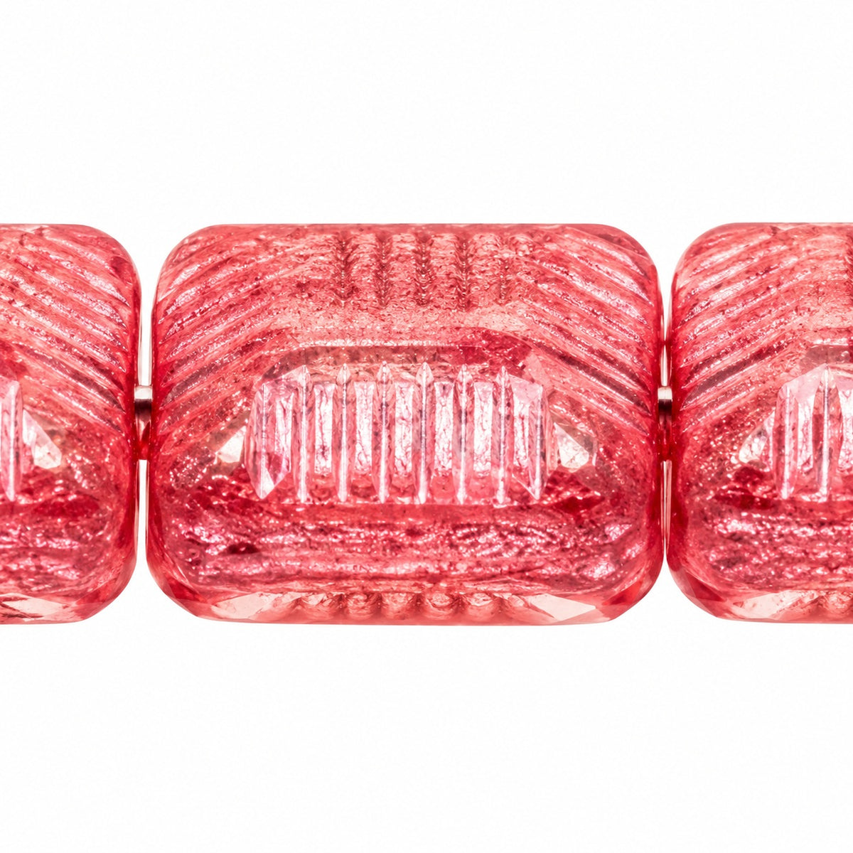 Ribbed Pillow Beads, Transparent Pink Pink Lined (70100-54321), Glass, Czech Republic