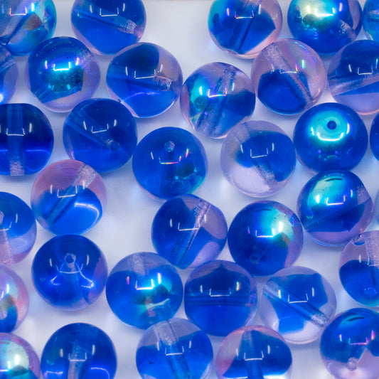 OUTLET 250g/50g Round Druck Beads, 10 x 10 mm, Pink Blue Ab (37701-28701), Glass, Czech Republic