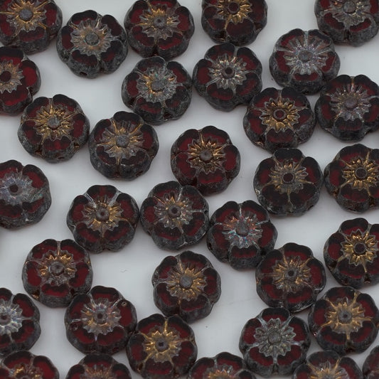 OUTLET 250g/50g Table Cut Hawaii Flower Beads, 8 x 8 mm, Transparent Red Matte Vega Iris (90090-84100-15781), Glass, Czech Republic