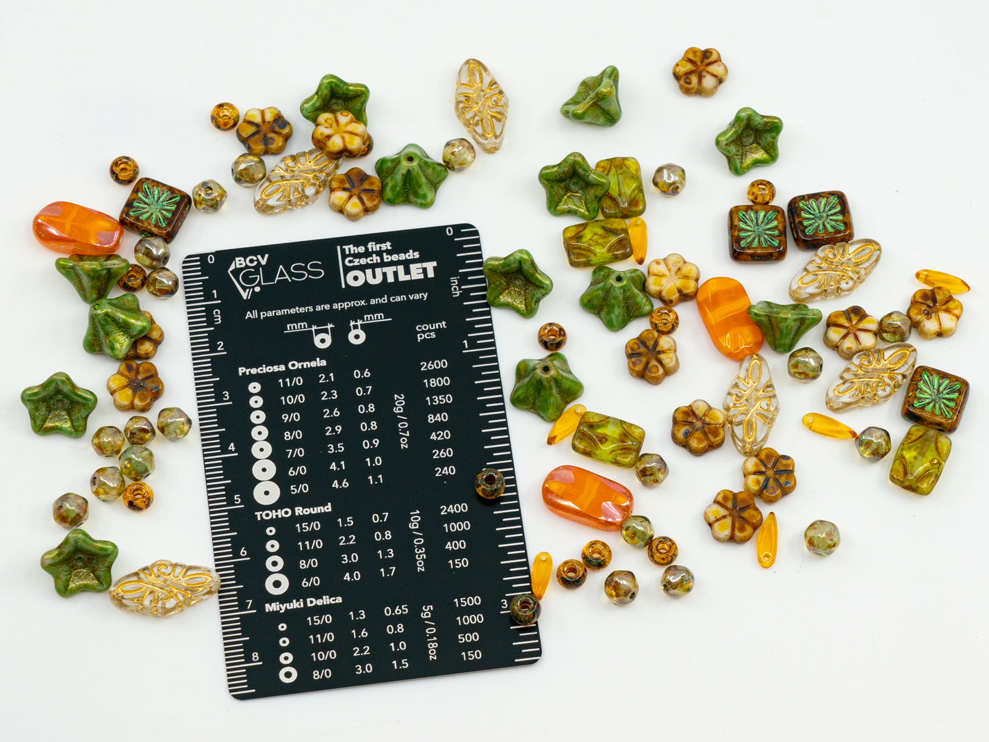 LIMITED Mix of Czech Glass Beads, Hand Made Set Kit, Green Petunia Beads Orange Table Cut Beads