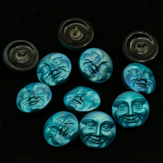OUTLET 1pc Czech Glass Handmade Button, Size 8 (18 mm), Animal Design - Deep Turquoise Moon Face