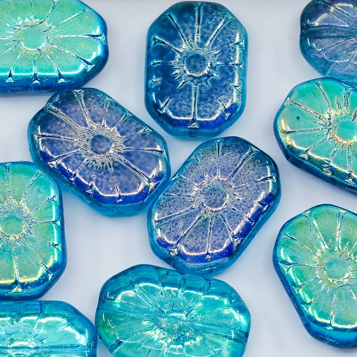 OUTLET 250g/50g Rounded Rectangle With Flower Pressed Glass Beads, 19 x 13 mm, Crystal Glossy Turquoise Blue (00030-48103), Glass, Czech Republic
