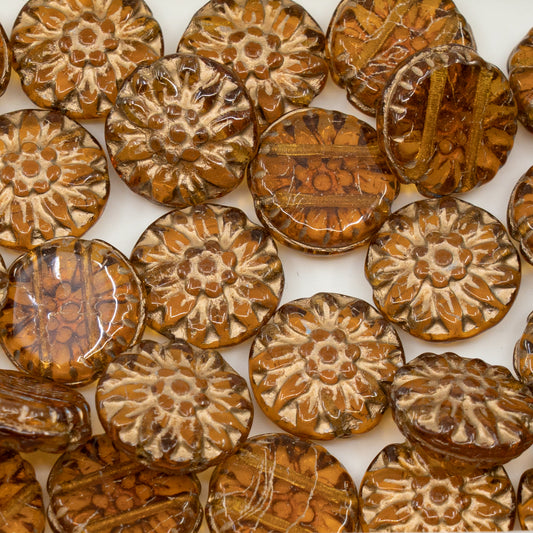 アウトレット 250g エーデルワイス 2穴ビーズ、14 x 14 mm、透明オレンジゴールドライン (10080-54302)、ガラス、チェコ共和国