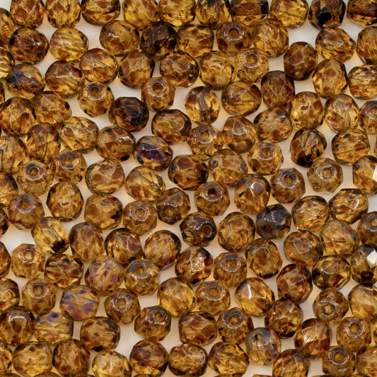 アウトレット 250g ファセット加工 ファイアポリッシュ ラウンドビーズ 5 x 5 mm クリスタルトラバーチン (00030-86800) ガラス チェコ共和国