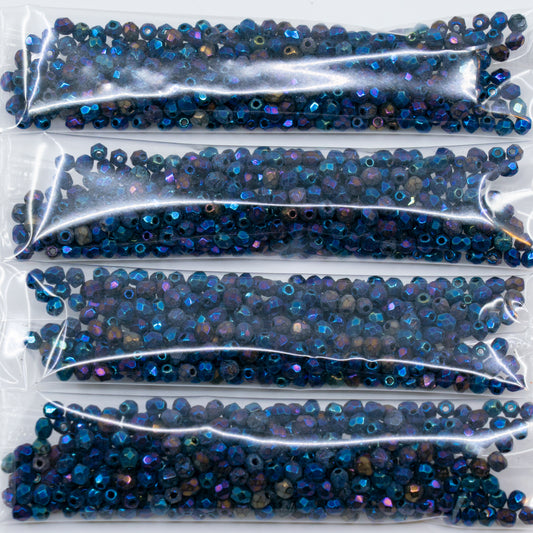 OUTLET 10 grams Faceted Round Fire Polished Beads, 3 x 3 mm, Black Blue Iris (23980-21435), Glass, Czech Republic