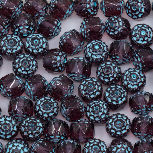 OUTLET 10 grams Faceted Fire Polished Beads Special Cut, 8 x 8 mm, Transparent Light Amethyst Light Blue Lined (20050-54308), Glass, Czech Republic