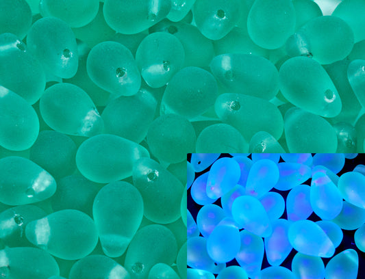 OUTLET 10 grams Drop Beads, 6 x 9 mm, Transparent Aqua Matte (60200-84100), Glass, Czech Republic