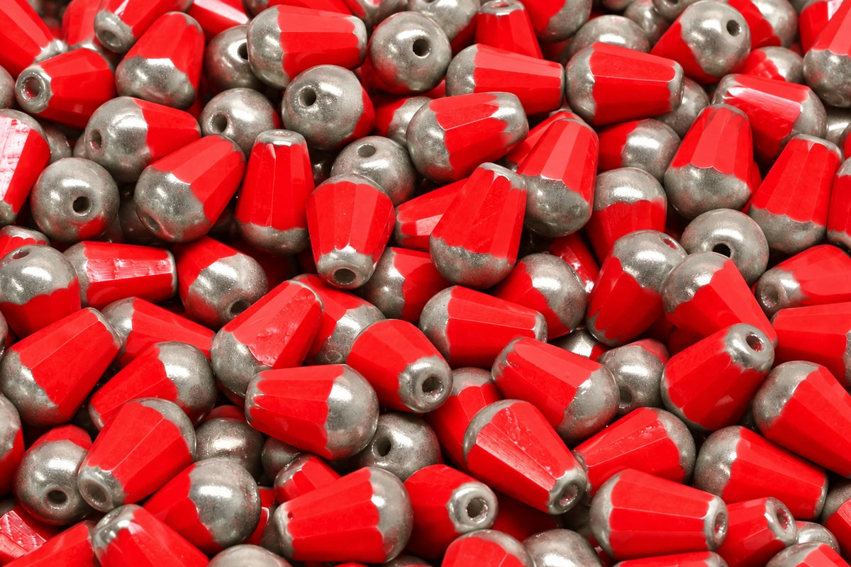 Faceted Fire Polished Teardrop Beads, Opaque Red Platin (93200-13702), Glass, Czech Republic