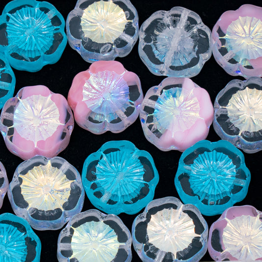 OUTLET 10 grams Table Cut Hawaii Flower Beads, 14 x 14 mm, Crystal Pink Blue Ab Mixed Colors (crystal-pink-blue-AB-mix), Glass, Czech Republic