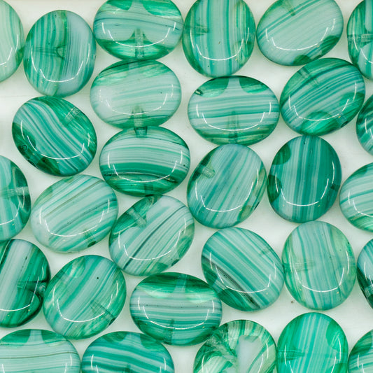 奥特莱斯 10克扁平椭圆形珠子，9 x 13毫米，绿色条纹（绿色条纹），玻璃，捷克共和国
