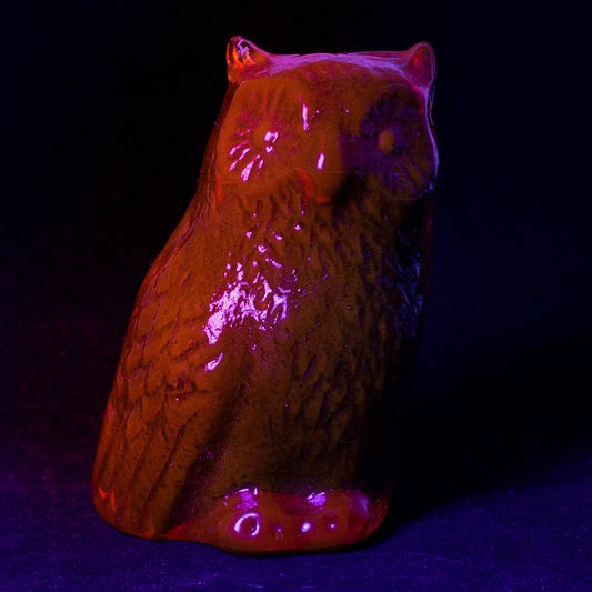 Cadmium Red Glass Statuette - Small Owl - Glow Under UV light