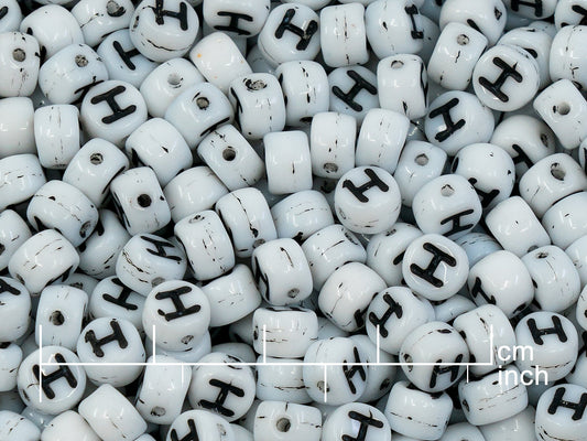 OUTLET 250g Pressed Czech Glass Letter Number Beads, 6 x 6 mm, (h), White Black Lined, Glass, Czech Republic