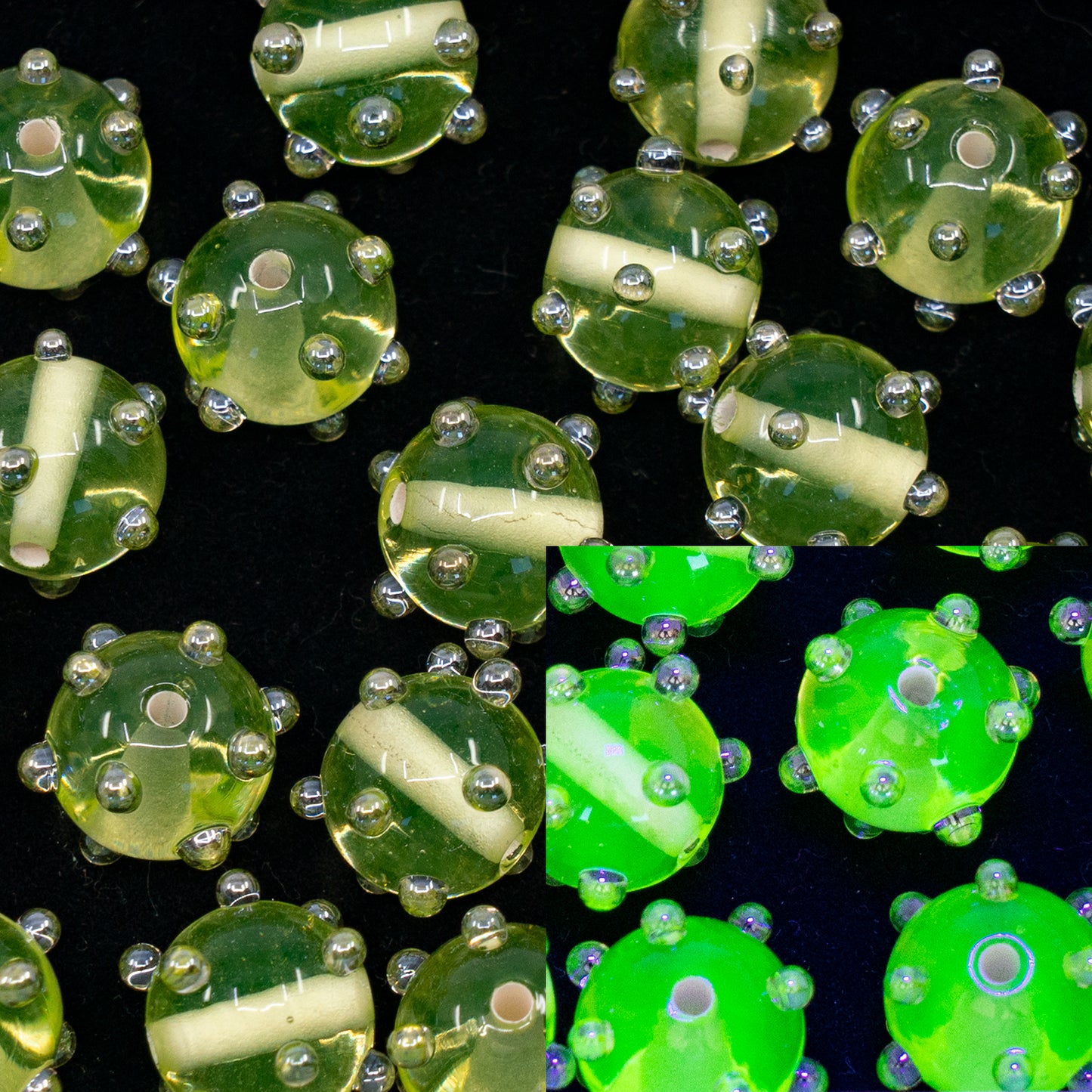 OUTLET 1 pcs Lampwork Round Beads, 10 x 10 mm, Transparent Yellow Uranium Silver (00591-80130-s), Glass, Czech Republic