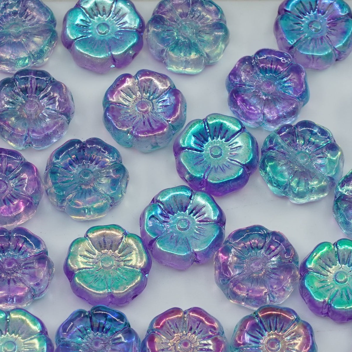 OUTLET 250g/50g Hawaiian Flower Beads, 10 x 10 mm, Crystal Ab Blue (00030-28701-blue), Glass, Czech Republic