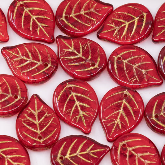 OUTLET 50 grams Apple Leaf Beads, 18 x 13 mm, Ruby Red Gold Lined (90080-54302), Glass, Czech Republic