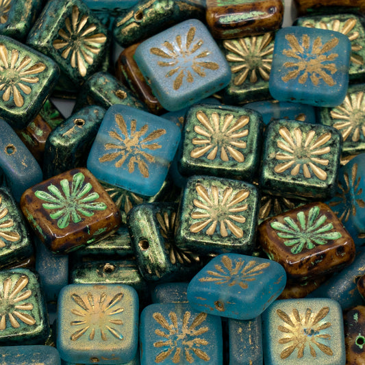 OUTLET 250g/50g Squared Kiwi Beads, 10 x 10 mm, Blue Mixed Colors (blue-mix), Glass, Czech Republic