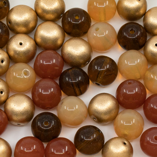 OUTLET 250g/50g Round Druck Beads, 12 x 12 mm, Brown Mixed Colors (brown-mix), Glass, Czech Republic