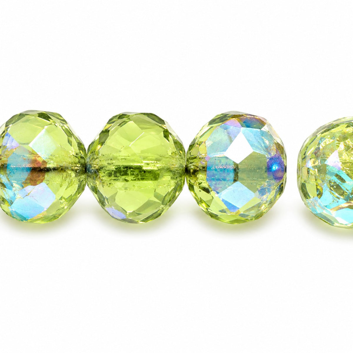 Faceted Fire Polished Beads Special Cut, Transparent Green Ab (50230-28701), Glass, Czech Republic