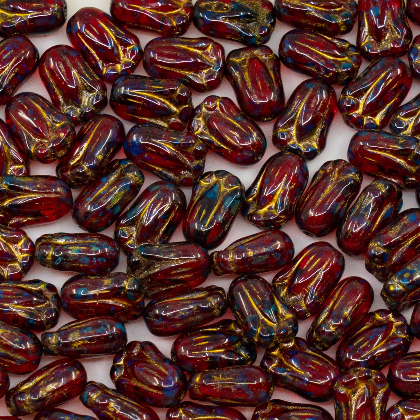 アウトレット 250g/50g チューリップバッドビーズ、12 x 8 mm、ルビーレッドトラバーチンゴールドライニング（90080-86800-54302）、ガラス、チェコ共和国