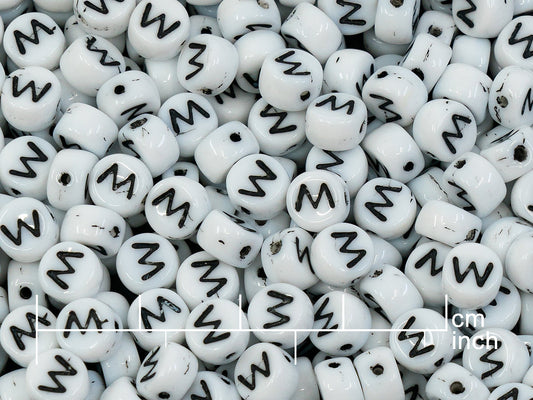 OUTLET 250g Pressed Czech Glass Letter Number Beads, 6 x 6 mm, (w), White Black Lined, Glass, Czech Republic