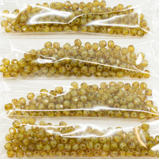 OUTLET 10 grams Faceted Round Fire Polished Beads, 4 x 4 mm, Opal Green Travertin (opal-green-86800), Glass, Czech Republic