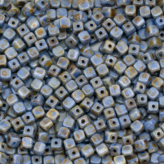 OUTLET 250g Cube Beads, 4 x 4 mm, White Green Luster Spotted (02010-65325), Glass, Czech Republic