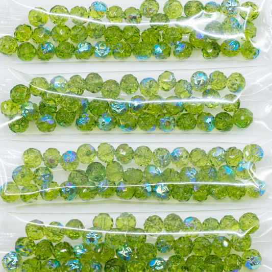 OUTLET 10 grams Faceted Fire Polished Beads Special Cut, 6 x 6 mm, Transparent Green Ab (50230-28701), Glass, Czech Republic