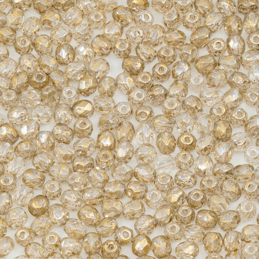 OUTLET 50g Faceted Round Fire Polished Beads, 4 x 4 mm, Silver Gold (), Glass, Czech Republic