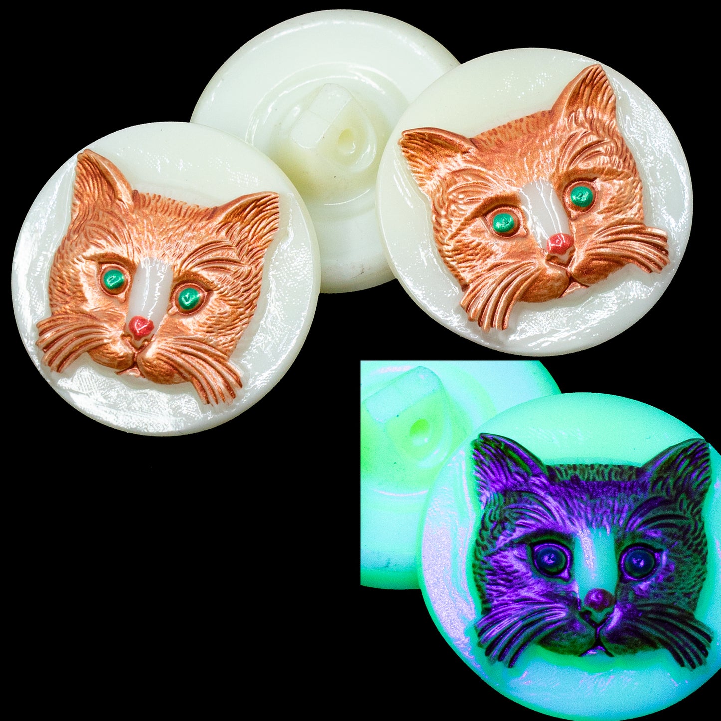 OUTLET 1 pcs Czech Glass Handmade Button, Size 10 (22.5 mm), Animal Design - Cat (), Glass, Czech Republic