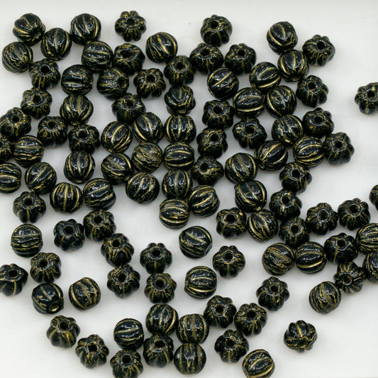 OUTLET 10  grams Melon Beads, 4 x 4 mm, Black Gold Lined (23980-54302), Glass, Czech Republic