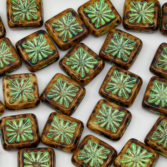 OUTLET 50g Squared Kiwi Beads, 10 x 10 mm, Beige Travertin Green (13020-86800-43813), Glass, Czech Republic