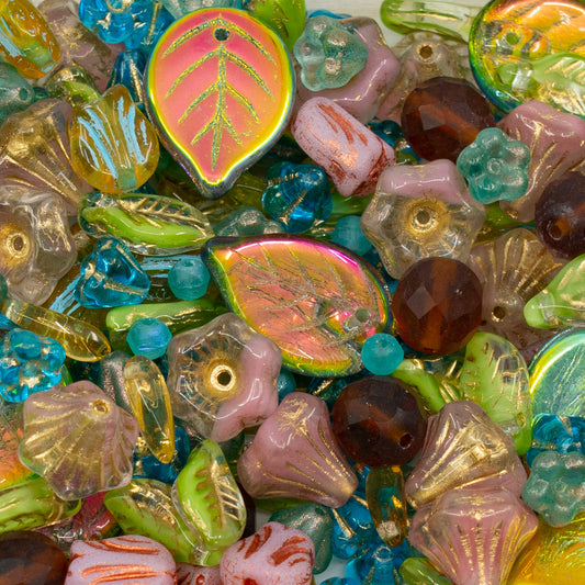 LIMITED Mix of Czech Glass Beads, Hand Made Set Kit, Apple Leaf Beads Bell Flower Blue Beads and Pink Tulip Beads