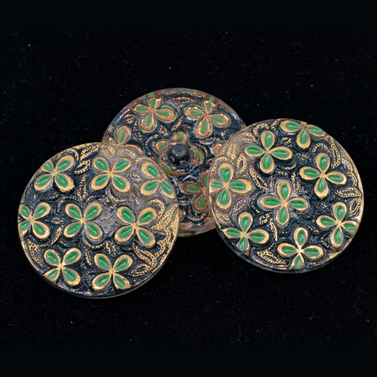 OUTLET 1 pcs Czech Glass Handmade Button, s14 x 32 mm, Flowers Green Gold (flowers-green-gold), Glass, Czech Republic