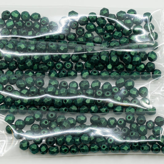 OUTLET 10 grams Faceted Round Fire Polished Beads, 5 x 5 mm, Black IRI-Green (23980-79203), Glass, Czech Republic