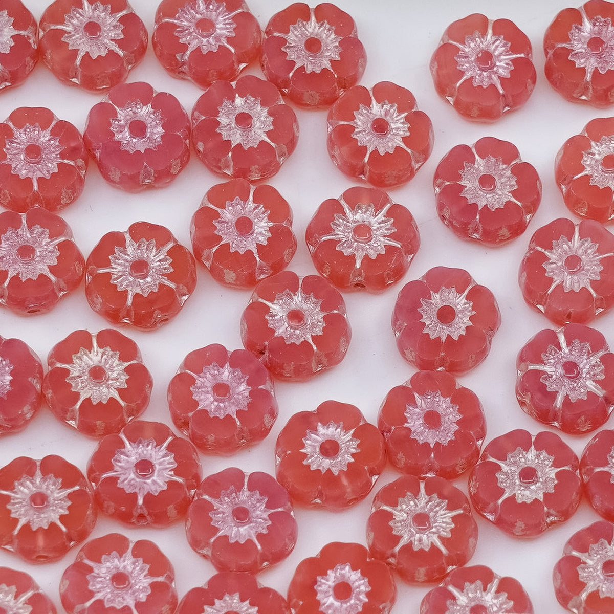 OUTLET 250g/50g Table Cut Hawaii Flower Beads, 8 x 8 mm, Opal Pink Pink Lined (71010-54321), Glass, Czech Republic
