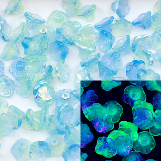 OUTLET 250g/50g Bell Flower Cup Beads, 7 x 5 mm, Transparent Blue Transparent Yellow Ab (30020-80130-28701), Glass, Czech Republic