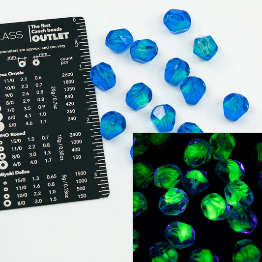 OUTLET 250g Faceted Round Fire Polished Beads, 12 x 10 mm, Blue Green Uranium (57301), Glass, Czech Republic
