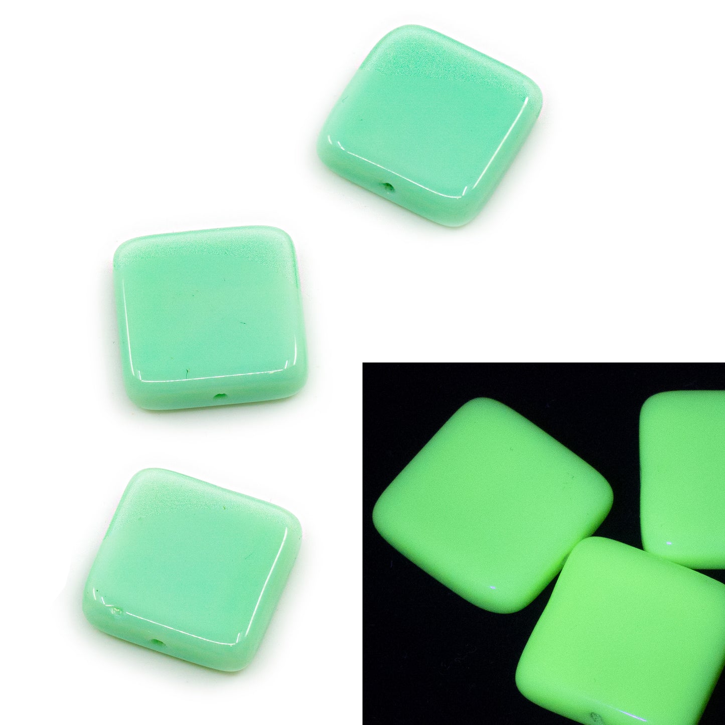 OUTLET 10 grams Pressed Beads Square, 20 x 20 mm, Copper Lined Uran (54200-uran), Glass, Czech Republic